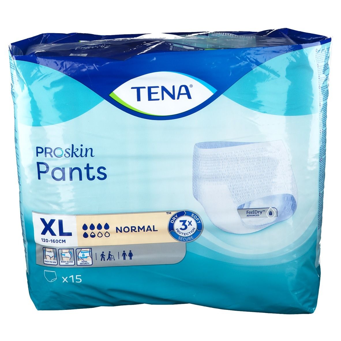 Verpakking TENA ProSkin Pants XL Normal. XL-maat, 120-160cm, 15 stuks. Opschriften: TENA, ProSkin Pants, Normal, 3x bescherming, FeelDry.