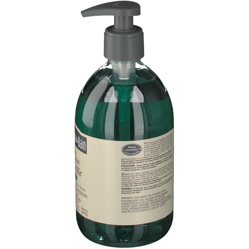 Groene vloeibare zeep in fles met pomp. Achterkant met tekst en etiket. Merk: Le Comptoir du Bain.