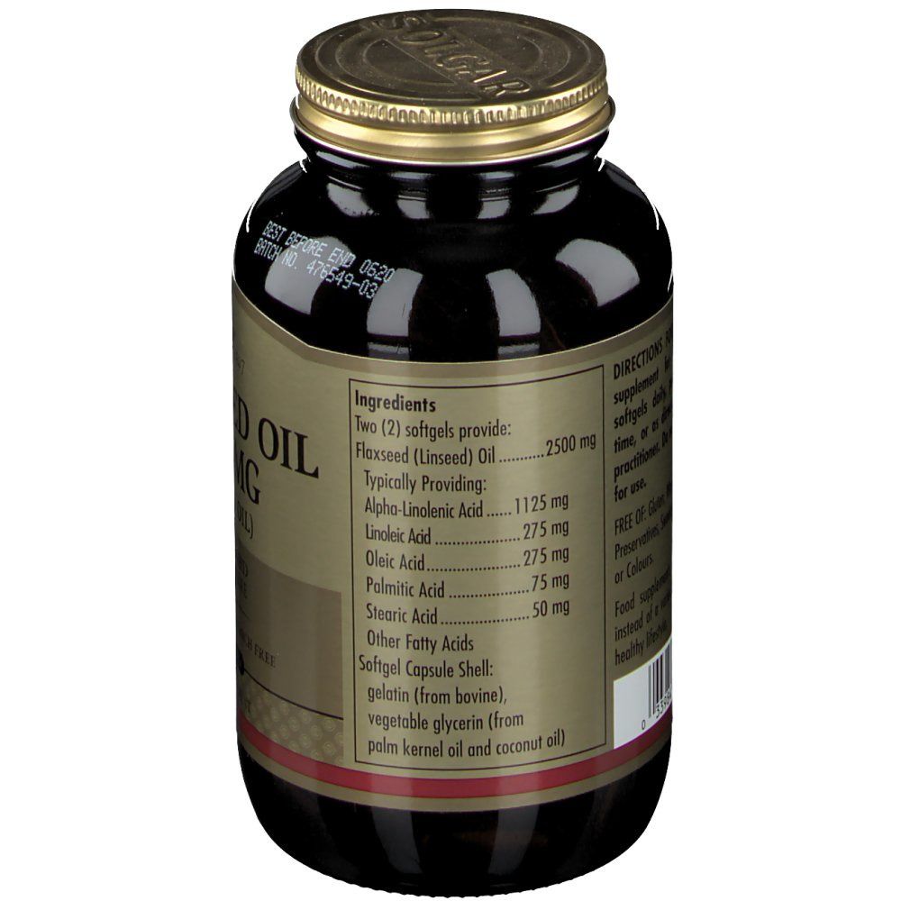 Dos du flacon en verre brun. Étiquette avec liste des ingrédients et informations nutritionnelles pour les gélules d'huile de lin.
