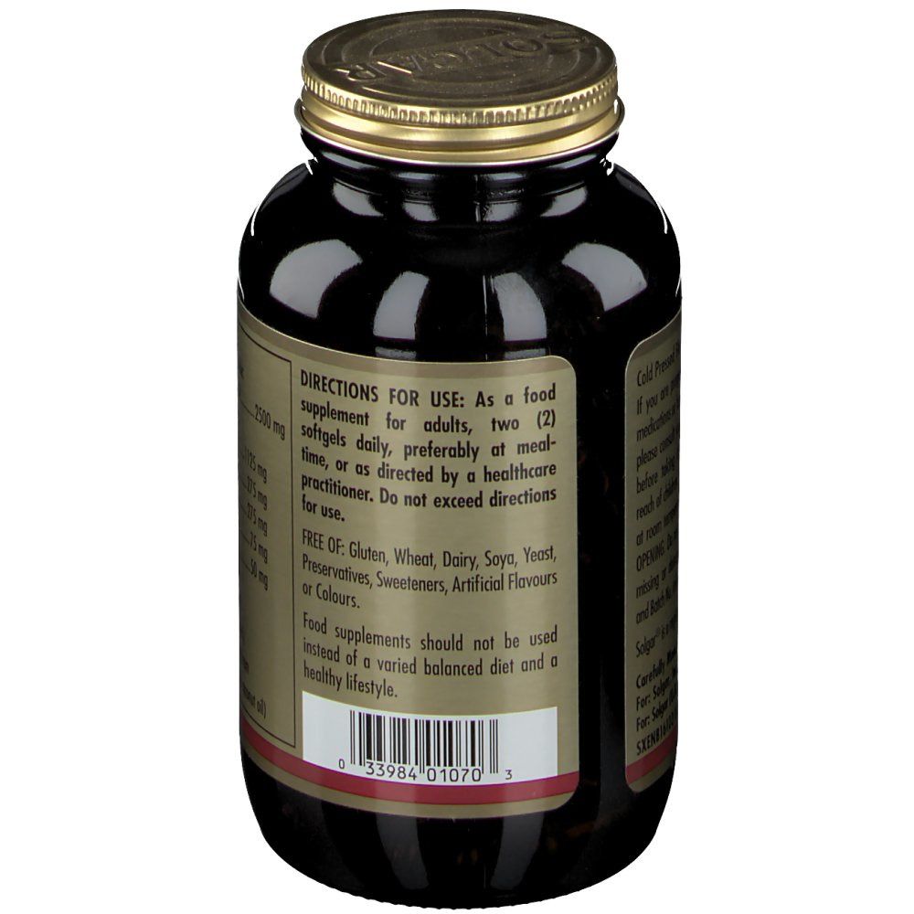 Dos du flacon en verre brun. Étiquette avec instructions d'utilisation et avertissements pour les gélules d'huile de lin.