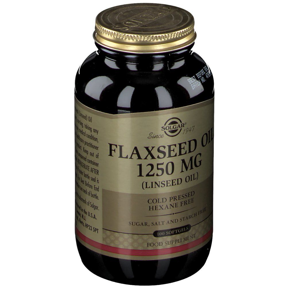 Flacon en verre brun avec bouchon doré. Étiquette avec informations produit: Huile de lin 1250 mg, 100 gélules.
