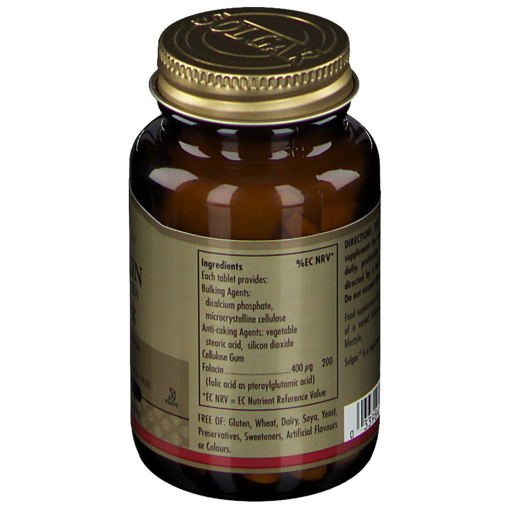 Rückseite einer braunen Glasflasche. Etikett mit Inhaltsstoffen, darunter Folsäure 400 µg. Frei von Gluten, Weizen, Milch, Soja, Hefe.