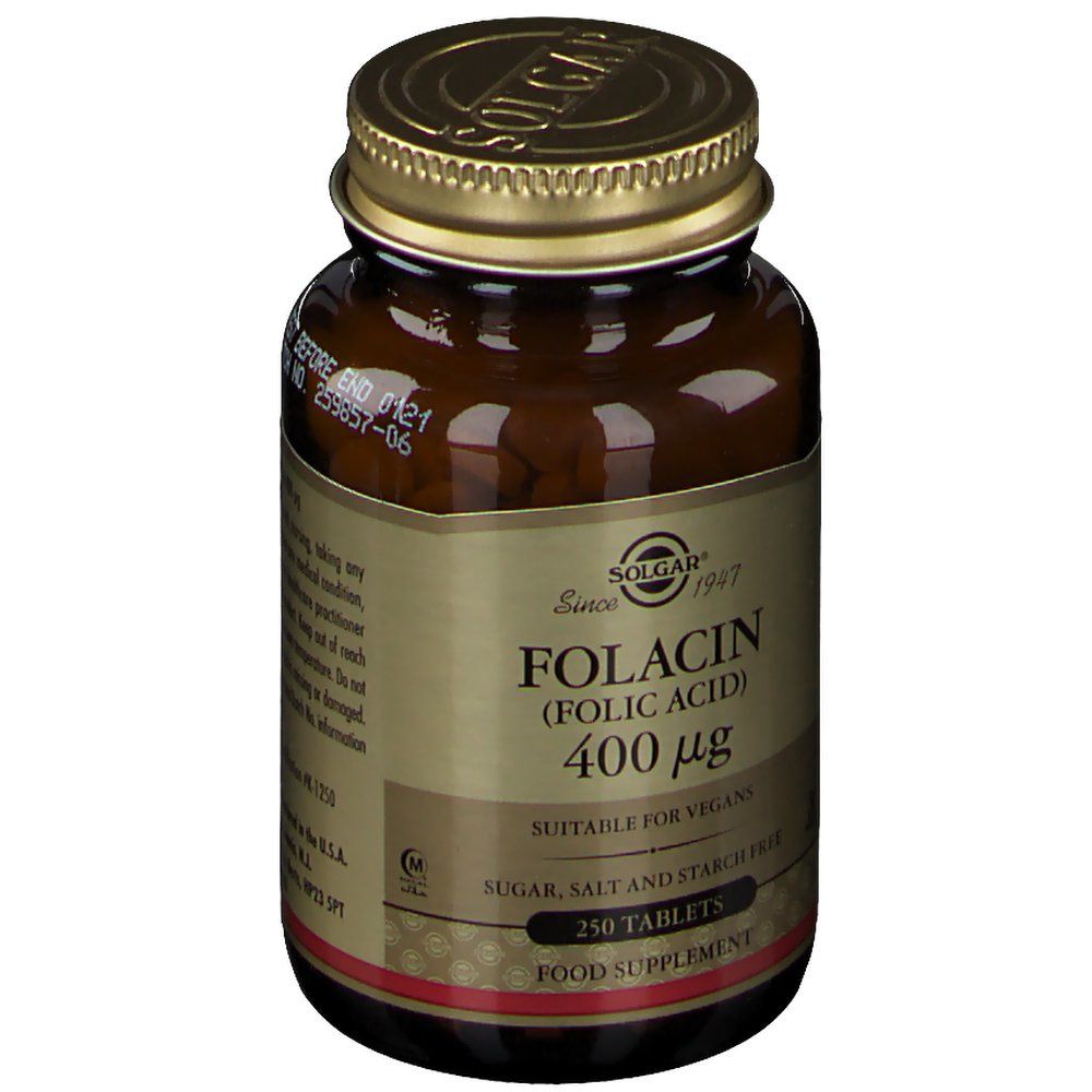 Braune Glasflasche mit goldfarbenem Deckel. Etikett mit SOLGAR, Folacin (Folsäure) 400 µg, 250 Tabletten. Geeignet für Veganer.