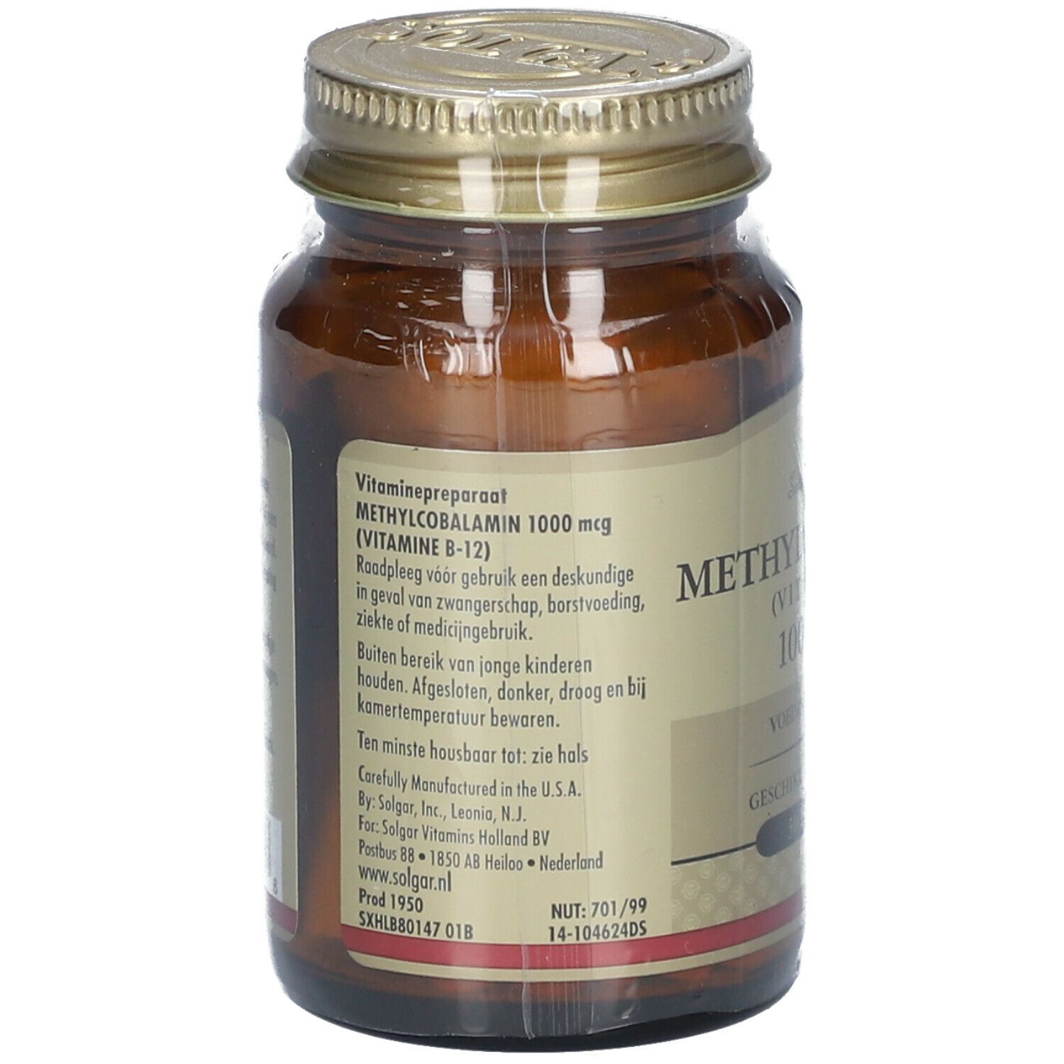 Dos d'un flacon en verre brun avec bouchon à vis. Étiquette avec informations sur la méthylcobalamine 1000 mcg, vitamine B12. Contient des informations.
