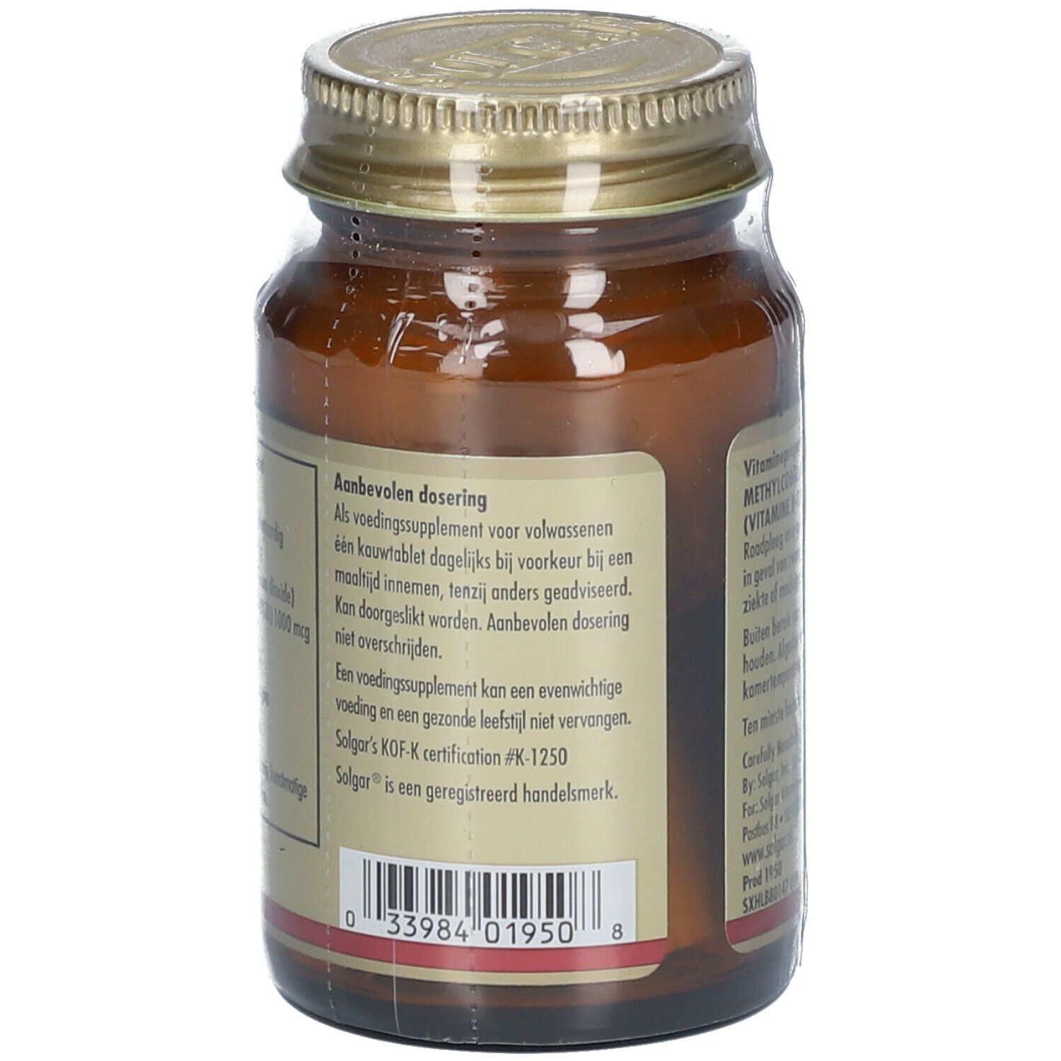 Dos d'un flacon en verre brun avec bouchon à vis. Étiquette avec recommandation de dosage et informations sur la méthylcobalamine 1000 mcg.