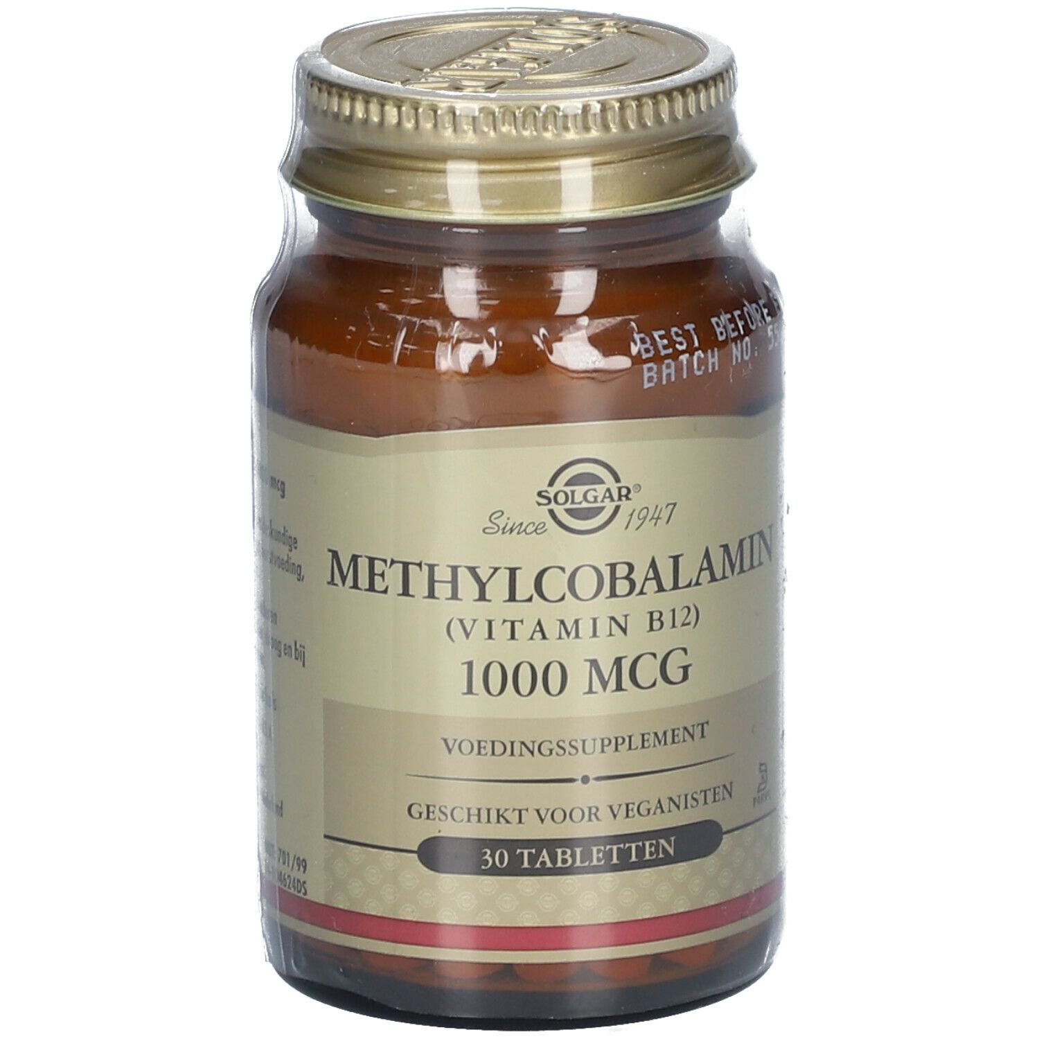 Flacon en verre brun avec bouchon à vis. Étiquette avec SOLGAR, Methylcobalamin (Vitamine B12) 1000 MCG, 30 comprimés. Convient aux végétaliens.