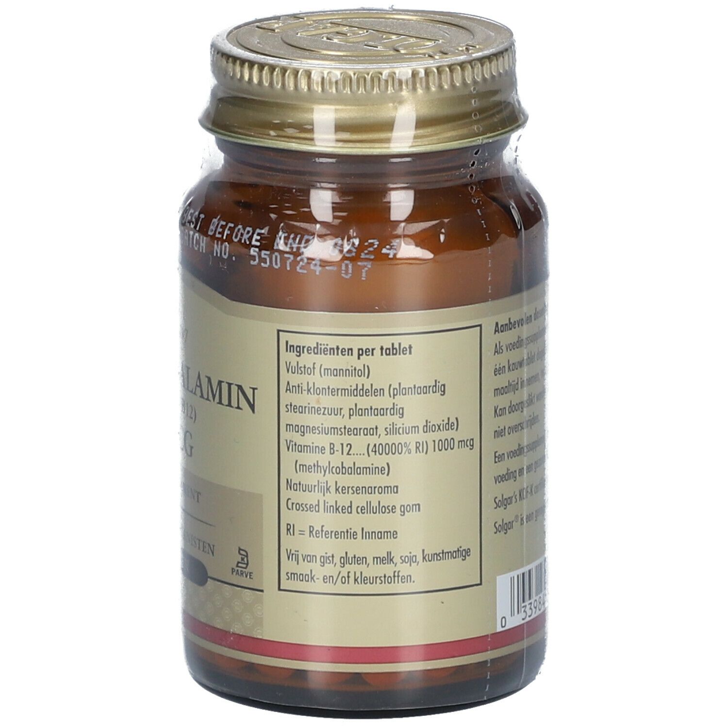 Dos d'un flacon en verre brun avec bouchon à vis. Étiquette avec ingrédients, vitamine B12 et informations sur la méthylcobalamine.