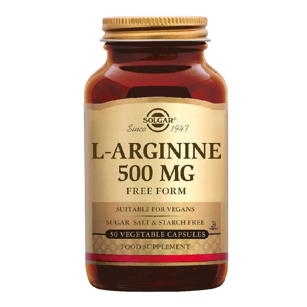 Bruine glazen fles met gouden dop. Etiket met SOLGAR, L-Arginine 500 mg, vegan, suiker-, zout- en zetmeelvrij. 50 capsules.