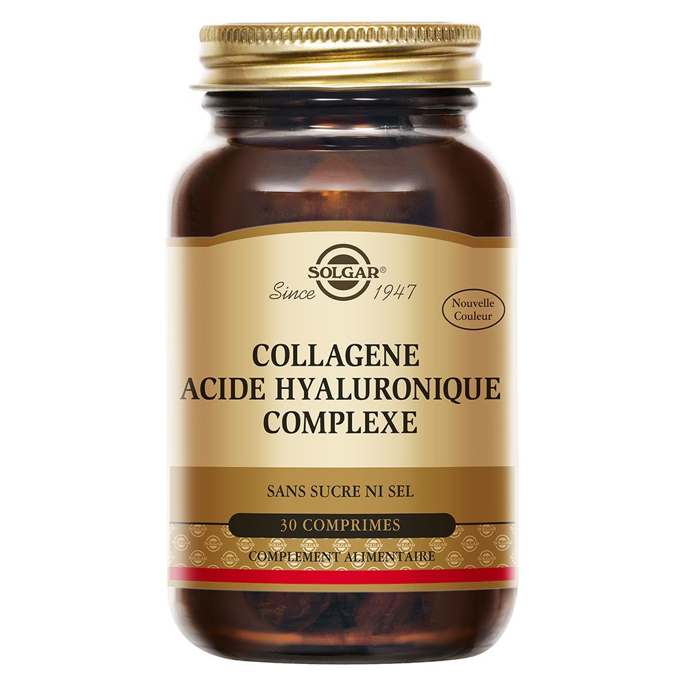 Flacon en verre brun avec bouchon doré. Étiquette avec logo SOLGAR et nom du produit: COLLAGENE ACIDE HYALURONIQUE COMPLEXE.