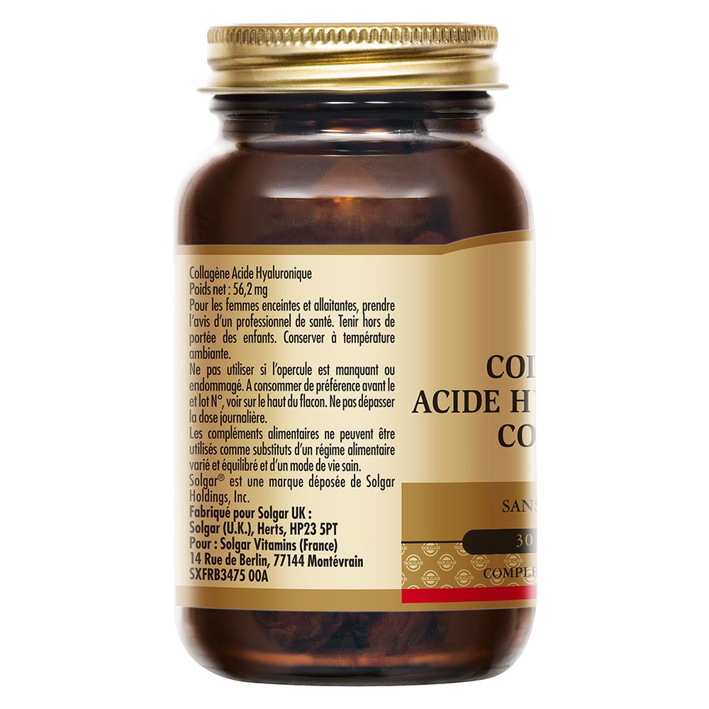 Dos du flacon en verre brun avec bouchon doré. Étiquette avec informations sur le produit et coordonnées du fabricant.