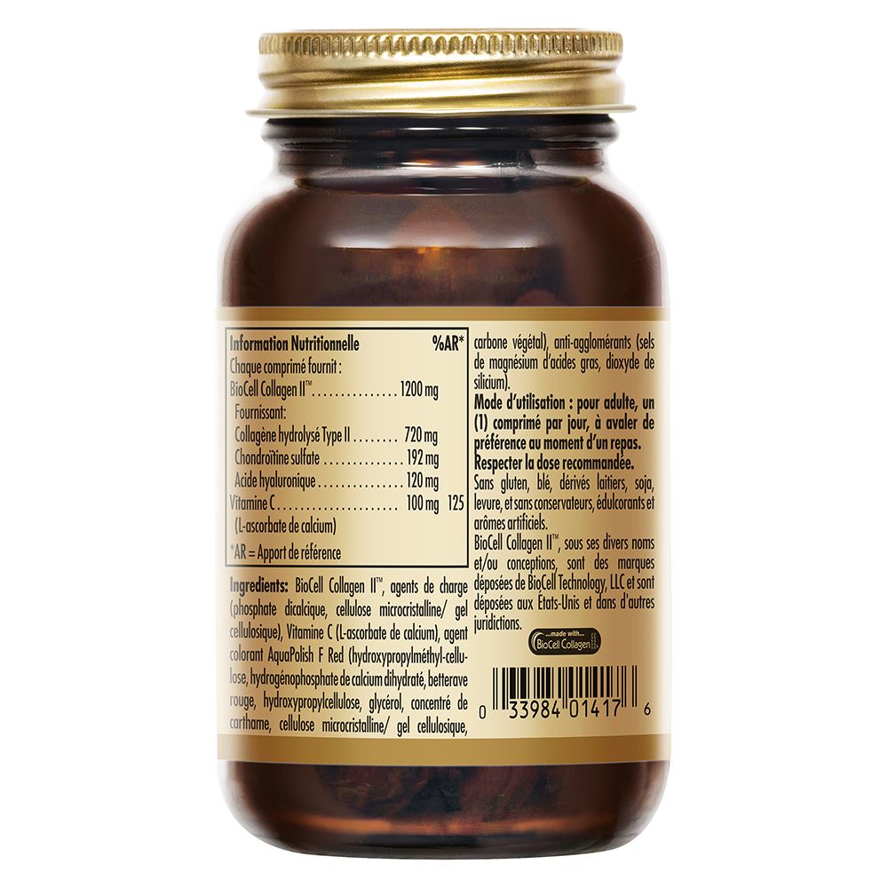 Dos du flacon en verre brun avec bouchon doré. Étiquette avec informations nutritionnelles et ingrédients.