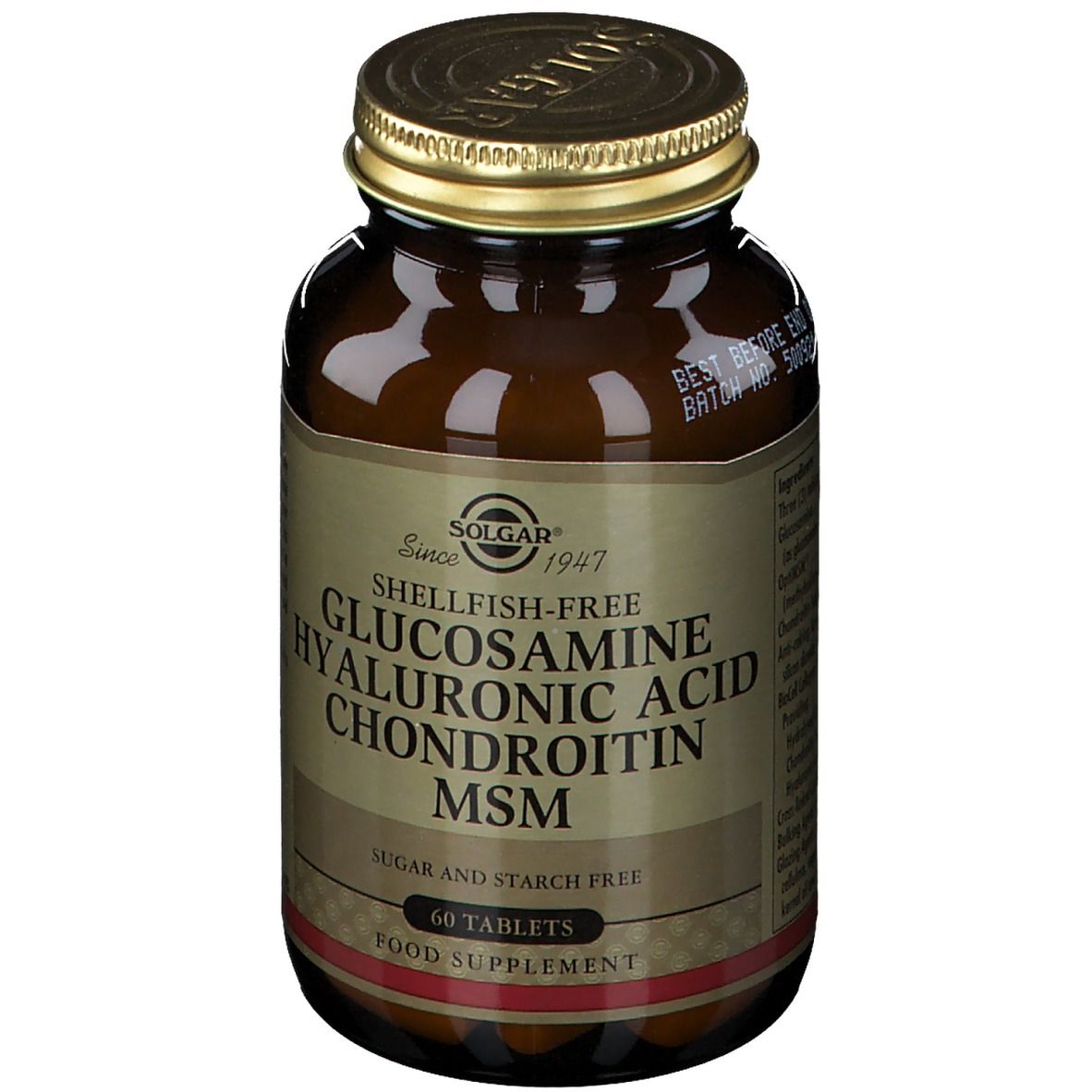Braune Glasflasche mit goldenem Deckel. Beschriftung: SOLGAR, Glucosamin, Hyaluronsäure, Chondroitin, MSM. 60 Tabletten.