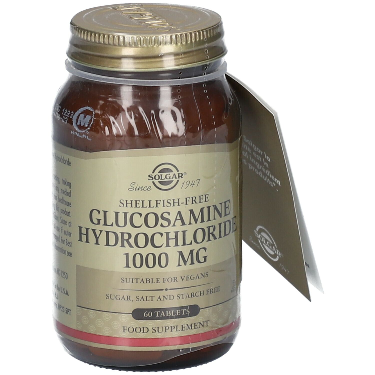 Braune Glasflasche mit goldenem Deckel und Etikett. Aufschrift: Glucosamin Hydrochlorid 1000 mg, 60 Tabletten. Anhänger.