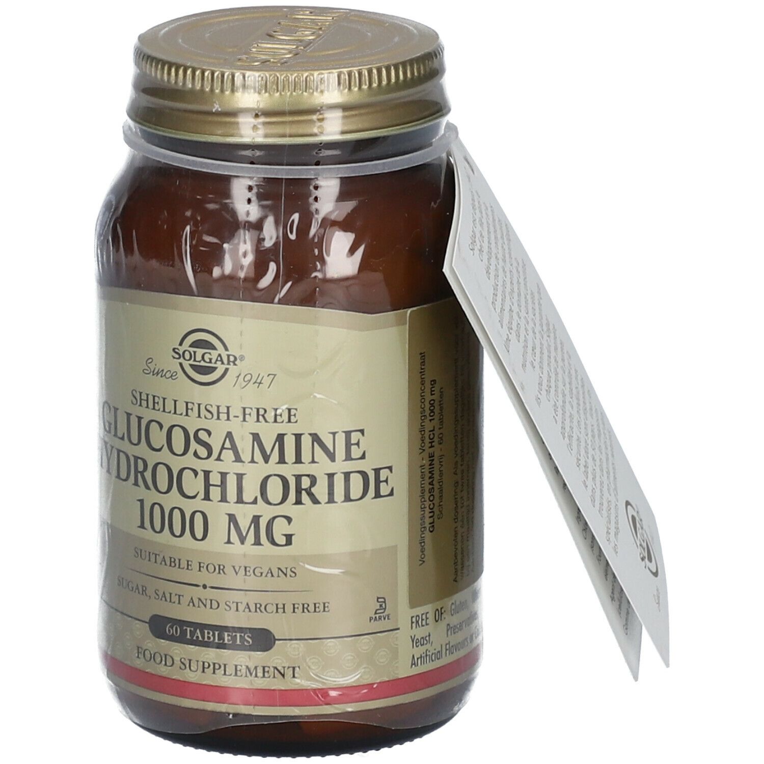 Braune Glasflasche mit goldenem Deckel und Etikett. Aufschrift: Glucosamin Hydrochlorid 1000 mg, 60 Tabletten. Anhänger.