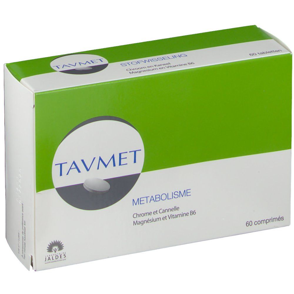 Boîte de comprimés "Tavmet". Emballage vert et blanc avec nom du produit et informations. 60 comprimés.