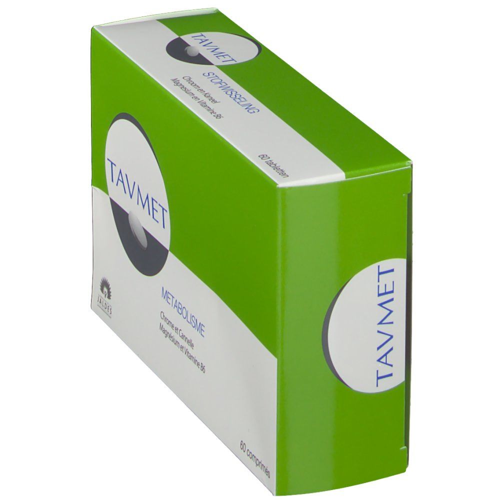 Boîte "Tavmet" en biais. Emballage vert et blanc avec nom du produit et informations. 60 comprimés.