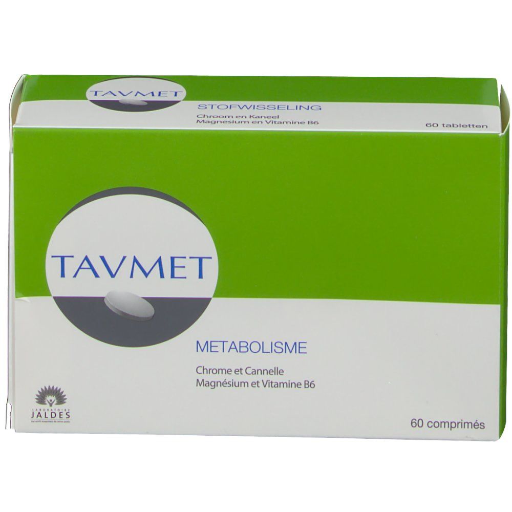 Vue de dessus de la boîte "Tavmet". Emballage vert et blanc avec nom et informations. 60 comprimés.