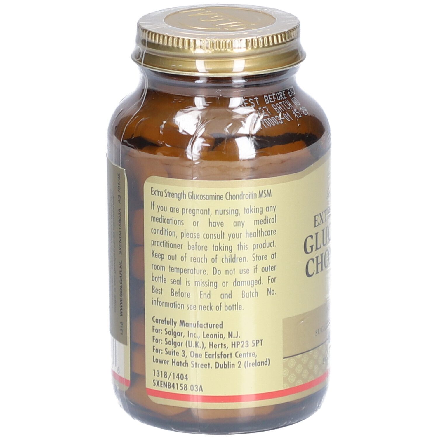 Rückseite einer braunen Glasflasche. Etikett mit Produktinformationen und Herstelleradresse.