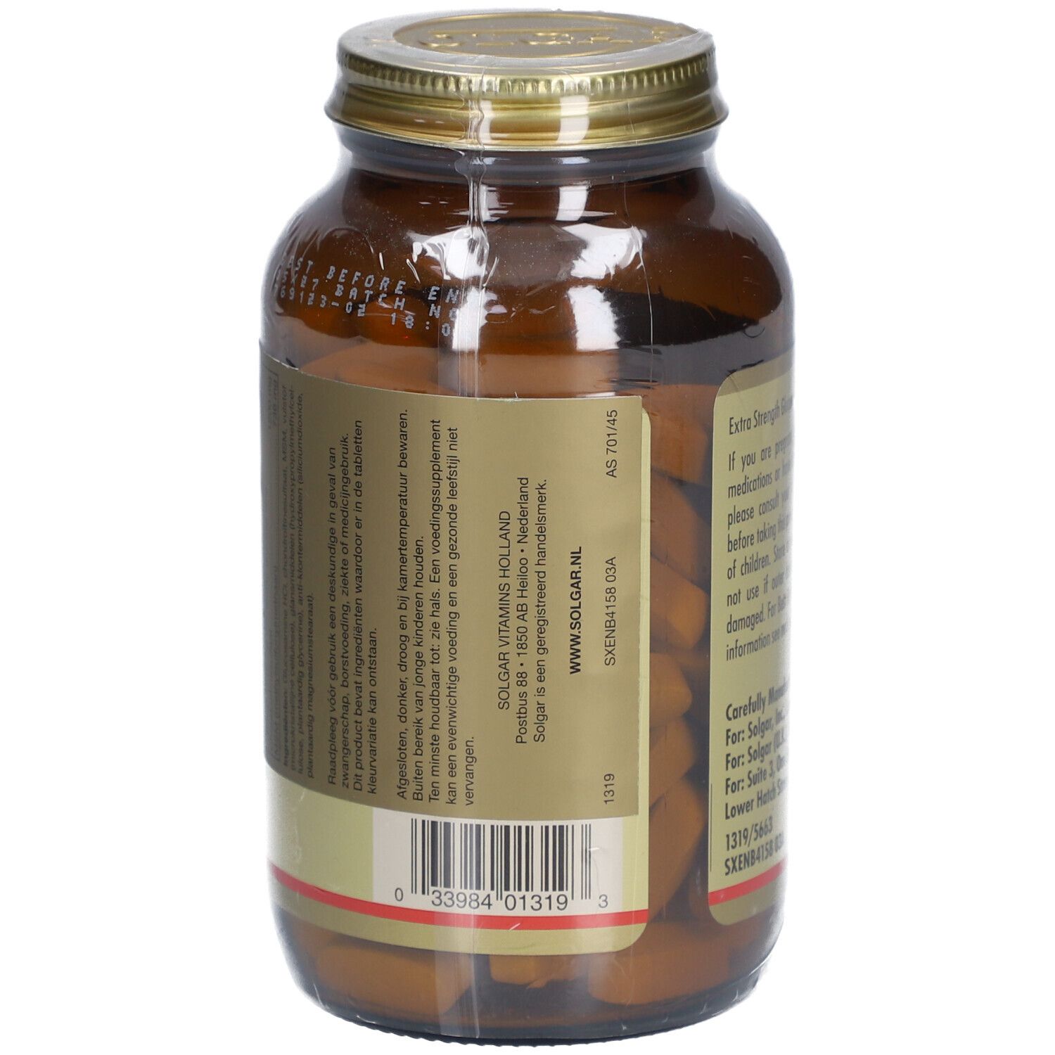 Rückseite einer braunen Glasflasche mit goldfarbenem Deckel. Etikett mit Produktinformationen und Barcode.