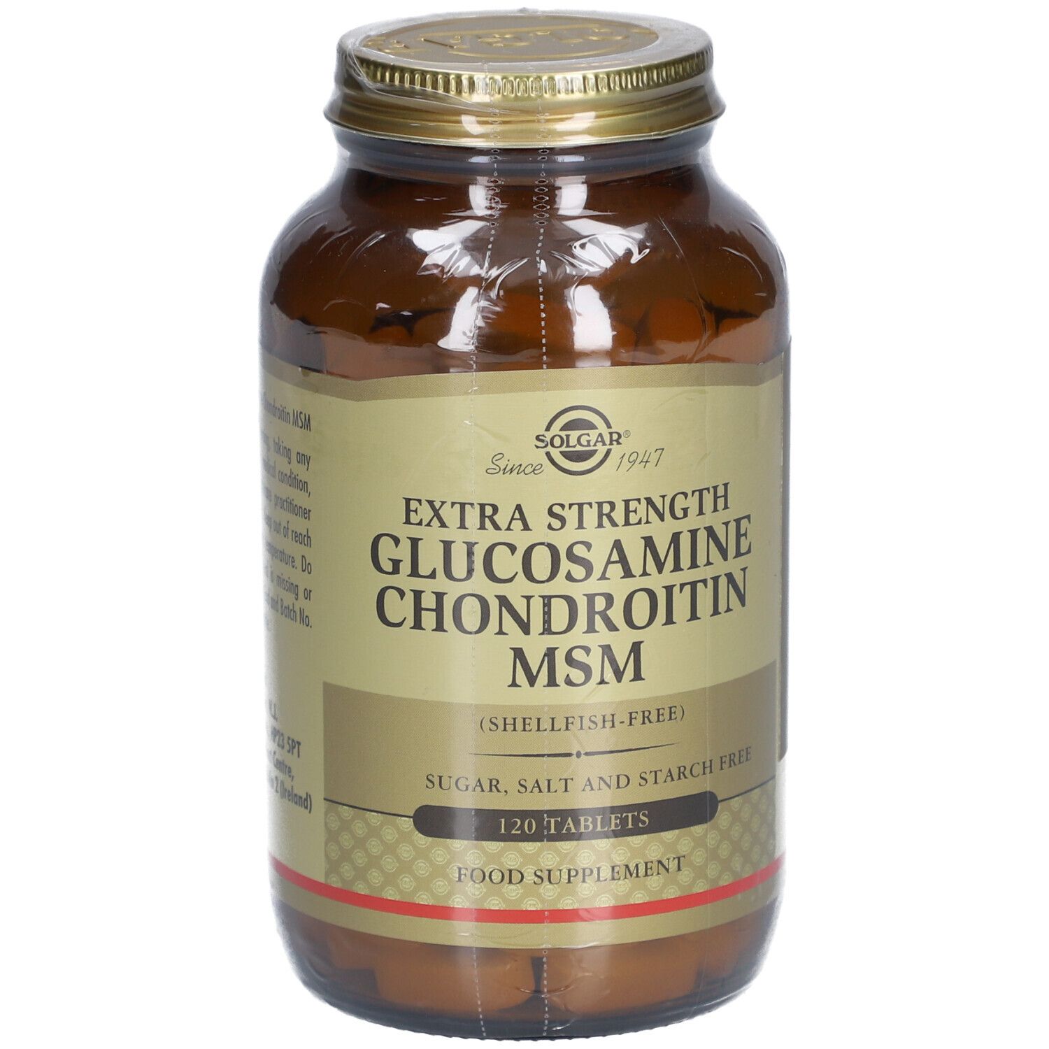 Braune Glasflasche mit goldfarbenem Deckel. Etikett mit Produktnamen: Extra Strength Glucosamine Chondroitin MSM. 120 Tabletten.