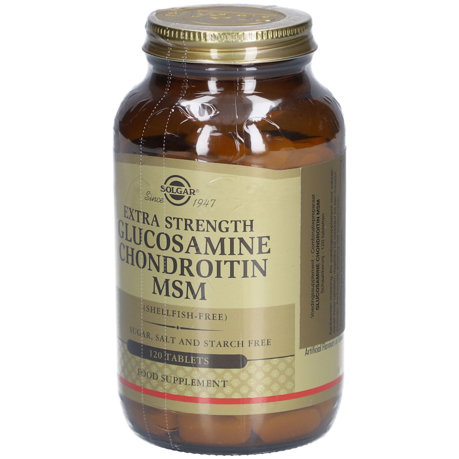 Braune Glasflasche mit goldfarbenem Deckel. Etikett mit Produktnamen: Extra Strength Glucosamine Chondroitin MSM. 120 Tabletten.