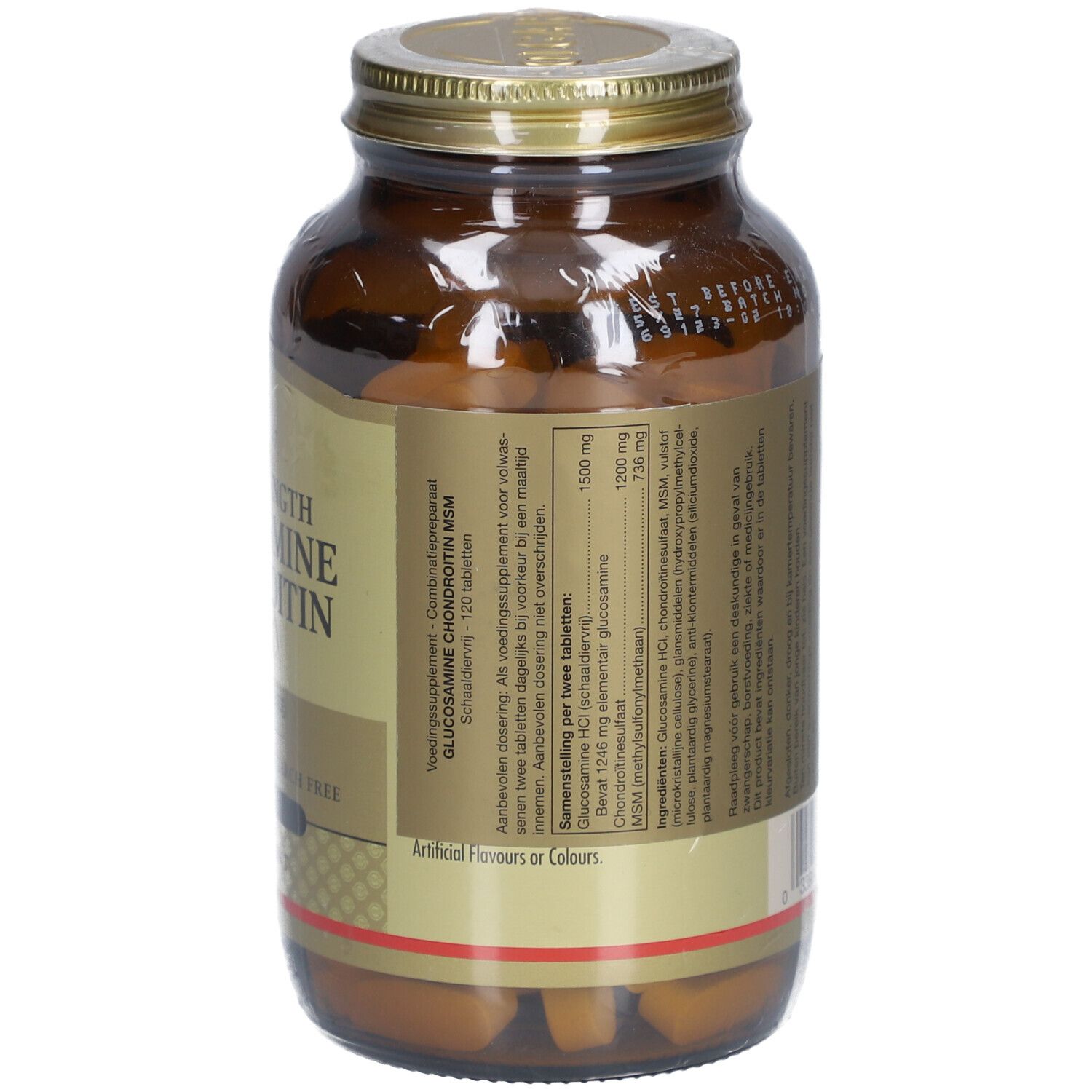 Rückseite einer braunen Glasflasche mit goldfarbenem Deckel. Etikett mit Produktinformationen und Inhaltsstoffen.