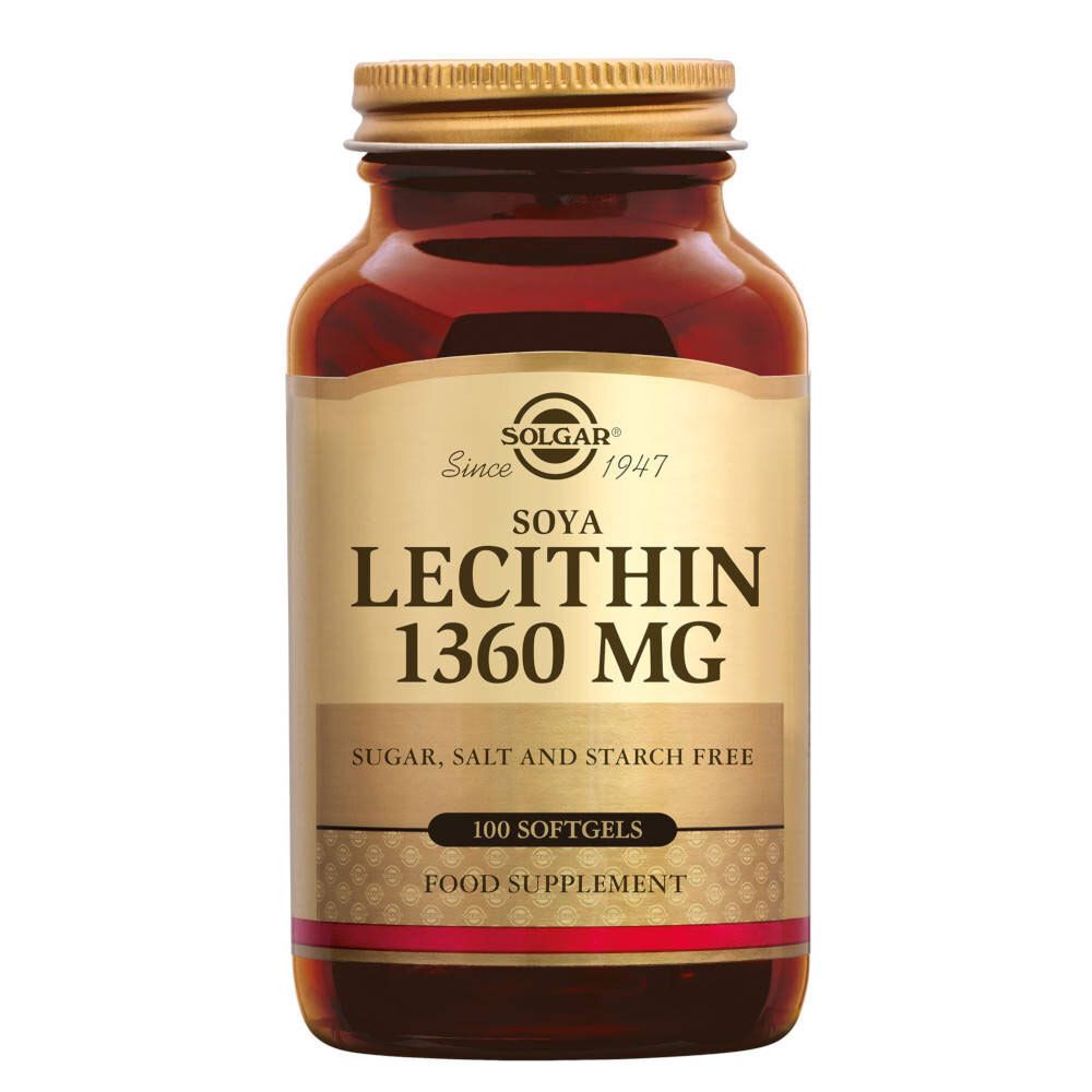 Flacon en verre brun avec bouchon doré. Inscription : Soya Lecithin 1360 mg, 100 gélules. Marque Solgar.