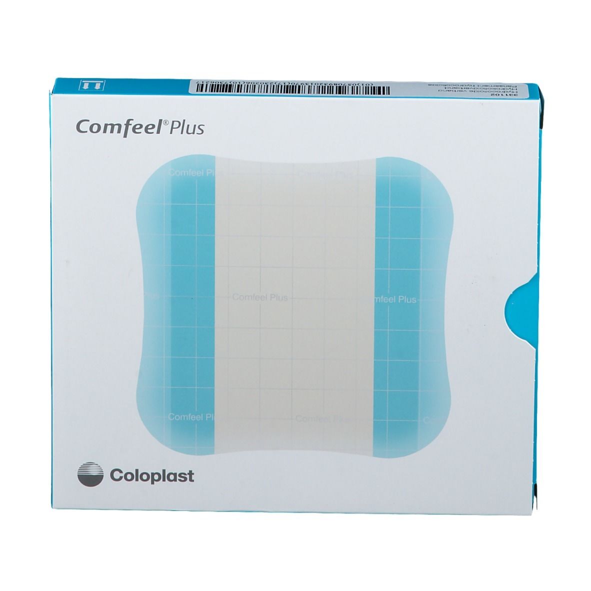 Verpakking van verband met productnaam en maat. Blauw en witte verpakking met productafbeelding.