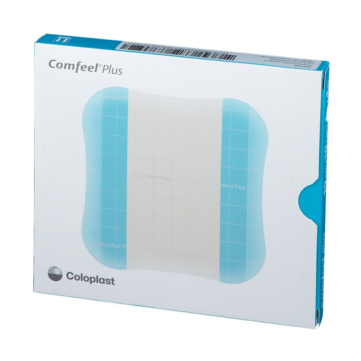Verpakking van verband met productnaam en maat. Blauw en witte verpakking met productafbeelding.