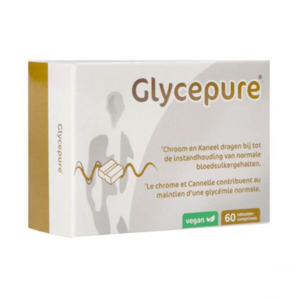 Boîte de comprimés Glycepure. Contient 60 comprimés. Inscription : Le chrome et la cannelle contribuent au maintien d'une glycémie normale.