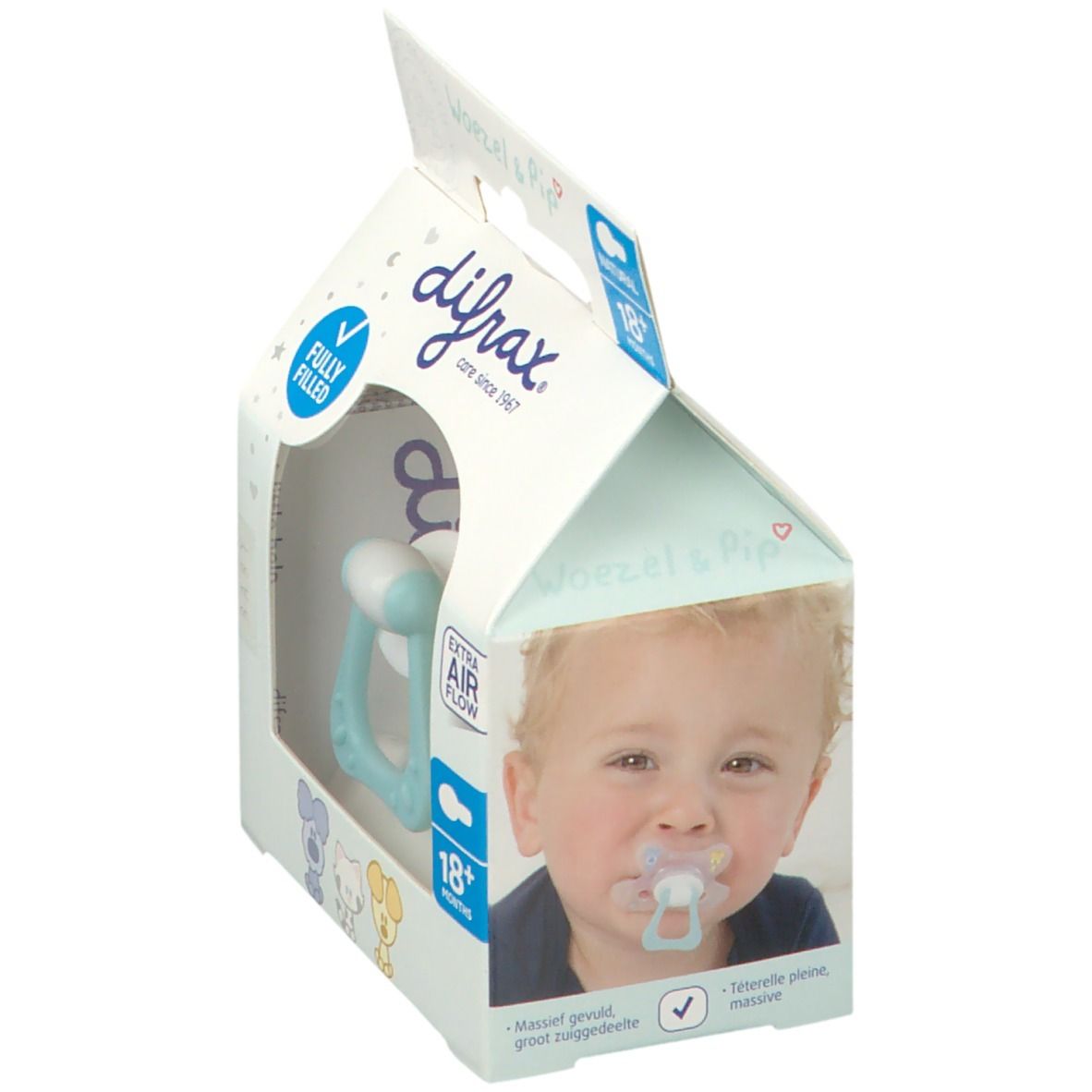 Emballage avec sucette et bébé. Sucette bleu clair avec poignée. Emballage avec nom du produit, âge 18+ mois.