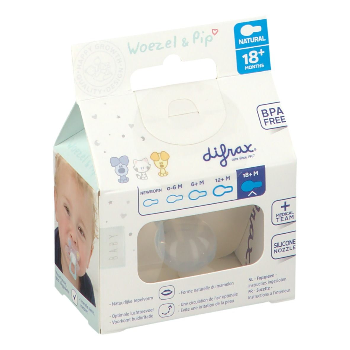 Emballage avec sucette. Sucette transparente. Emballage avec nom du produit, recommandations d'âge et logo sans BPA.