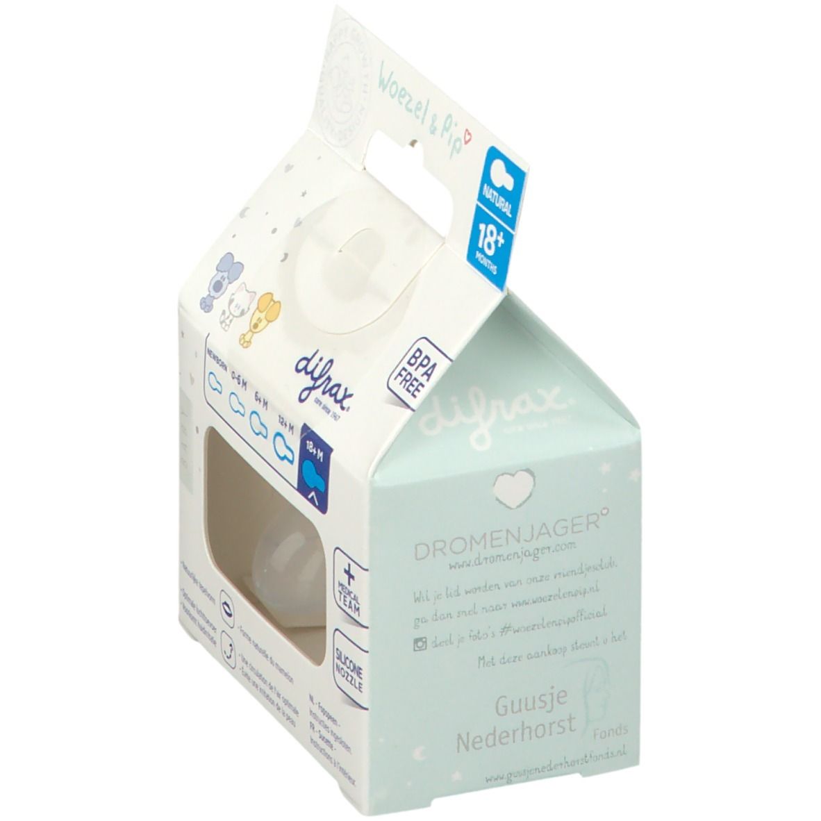 Emballage avec sucette. Sucette transparente. Emballage avec nom du produit, logo sans BPA et coordonnées.
