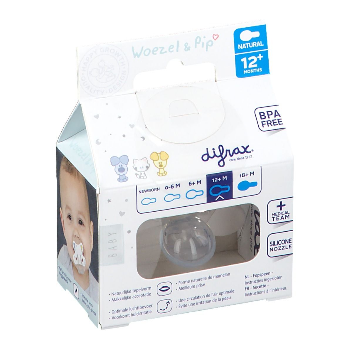 Verpakking met Difrax Natural speen 12 maanden+. BPA-vrij. Siliconen speen. Baby-illustraties.