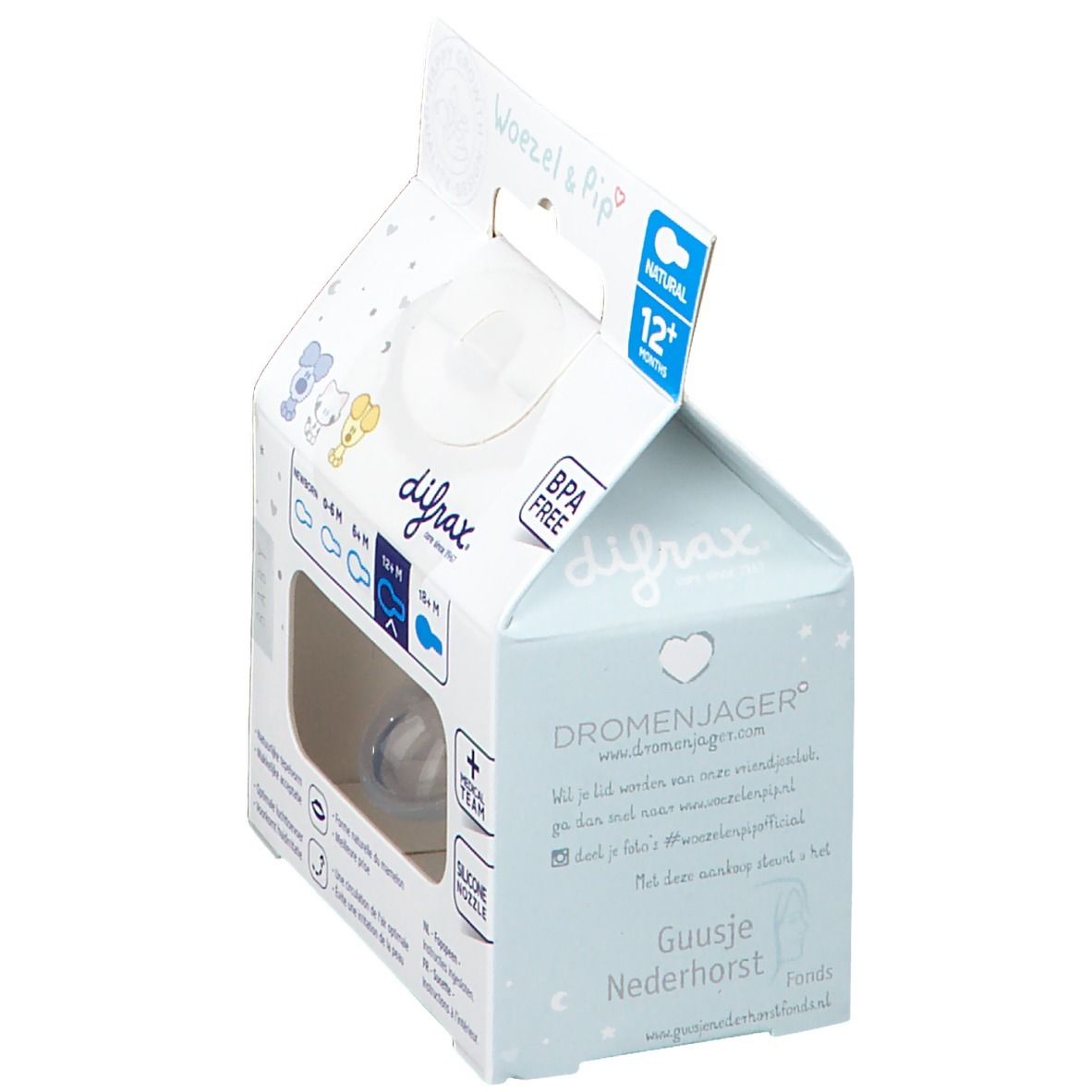 Verpakking met Difrax Natural speen 12 maanden+. BPA-vrij. Baby-illustraties. Tekst.