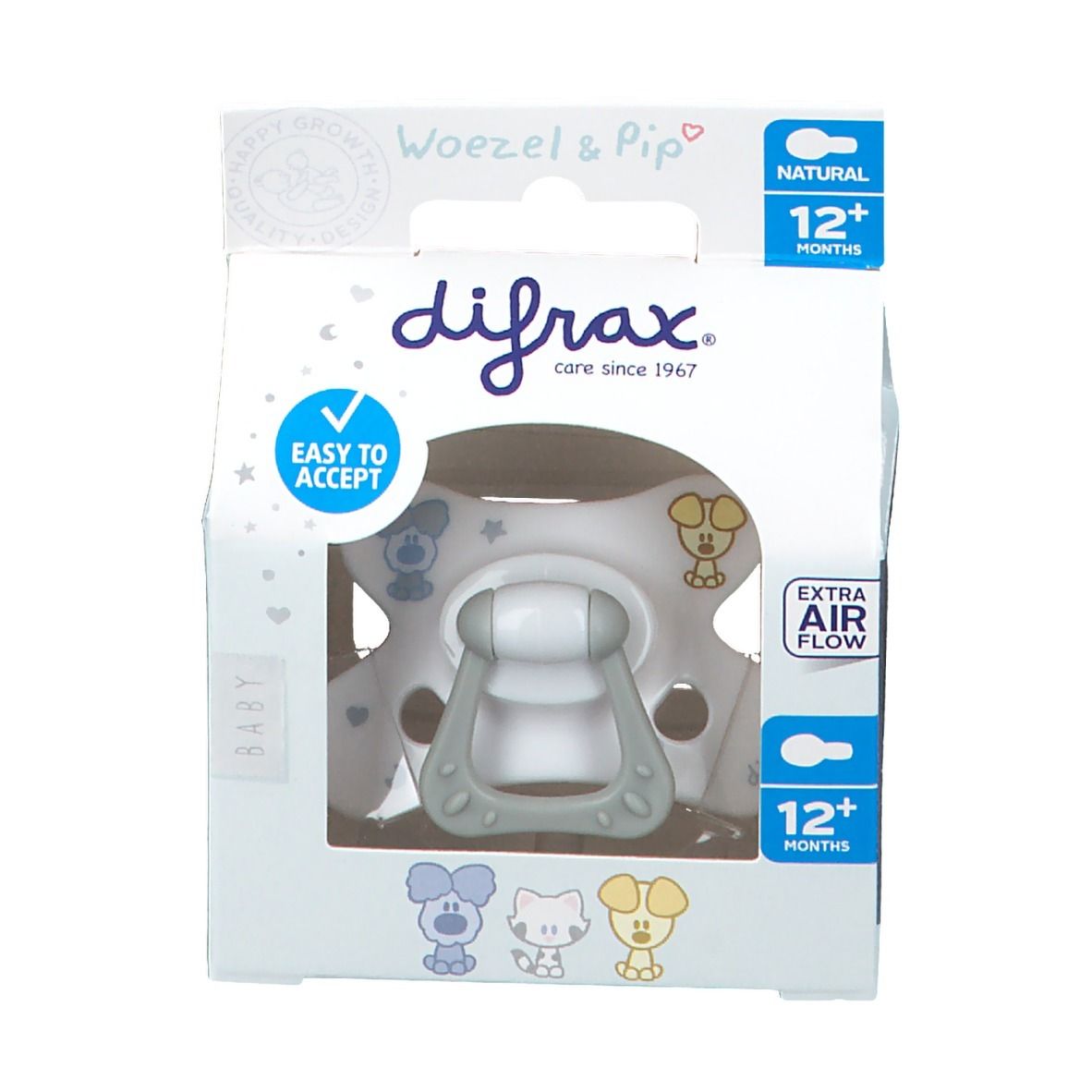 Verpakking met Difrax Natural speen 12 maanden+. Grijze speen met handvat. Transparant venster.