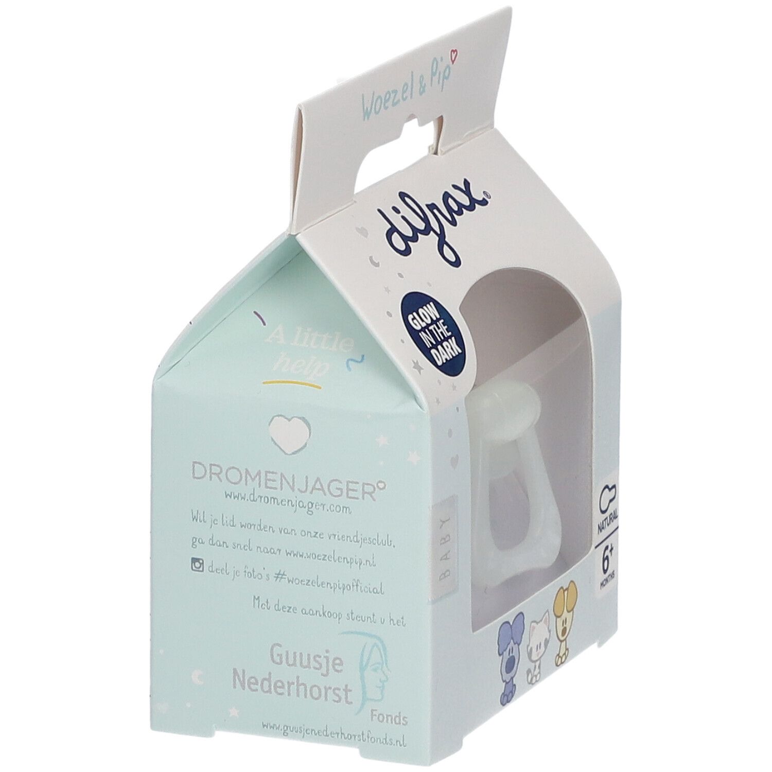 Emballage de sucette. Visible : sucette phosphorescente, marque Difrax, 6+ mois.