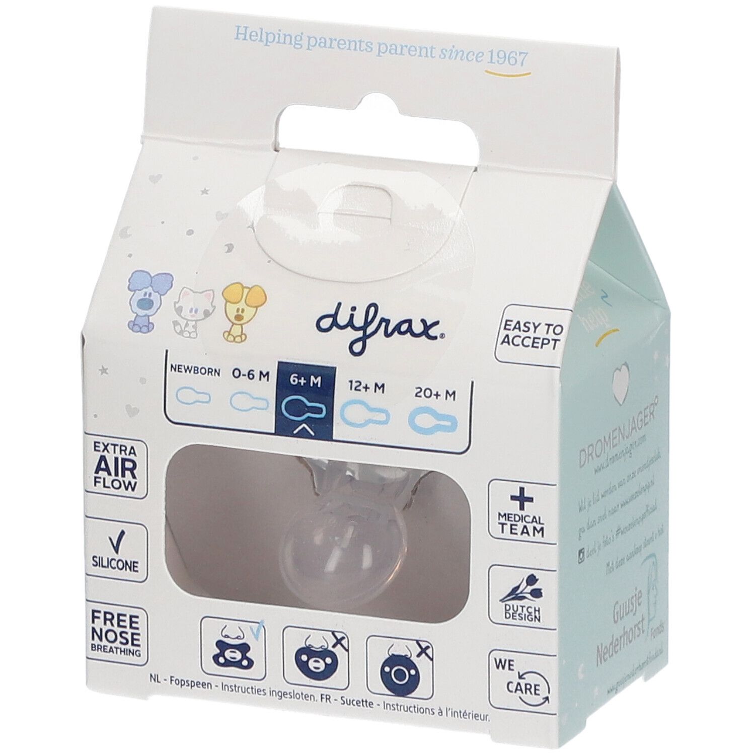 Emballage de sucette. Visible : sucette, marque Difrax, 6+ mois, forme transparente.