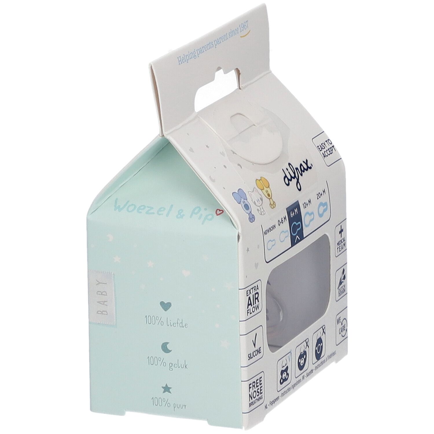 Emballage de sucette. Visible : sucette, marque Difrax, 6+ mois, forme transparente.