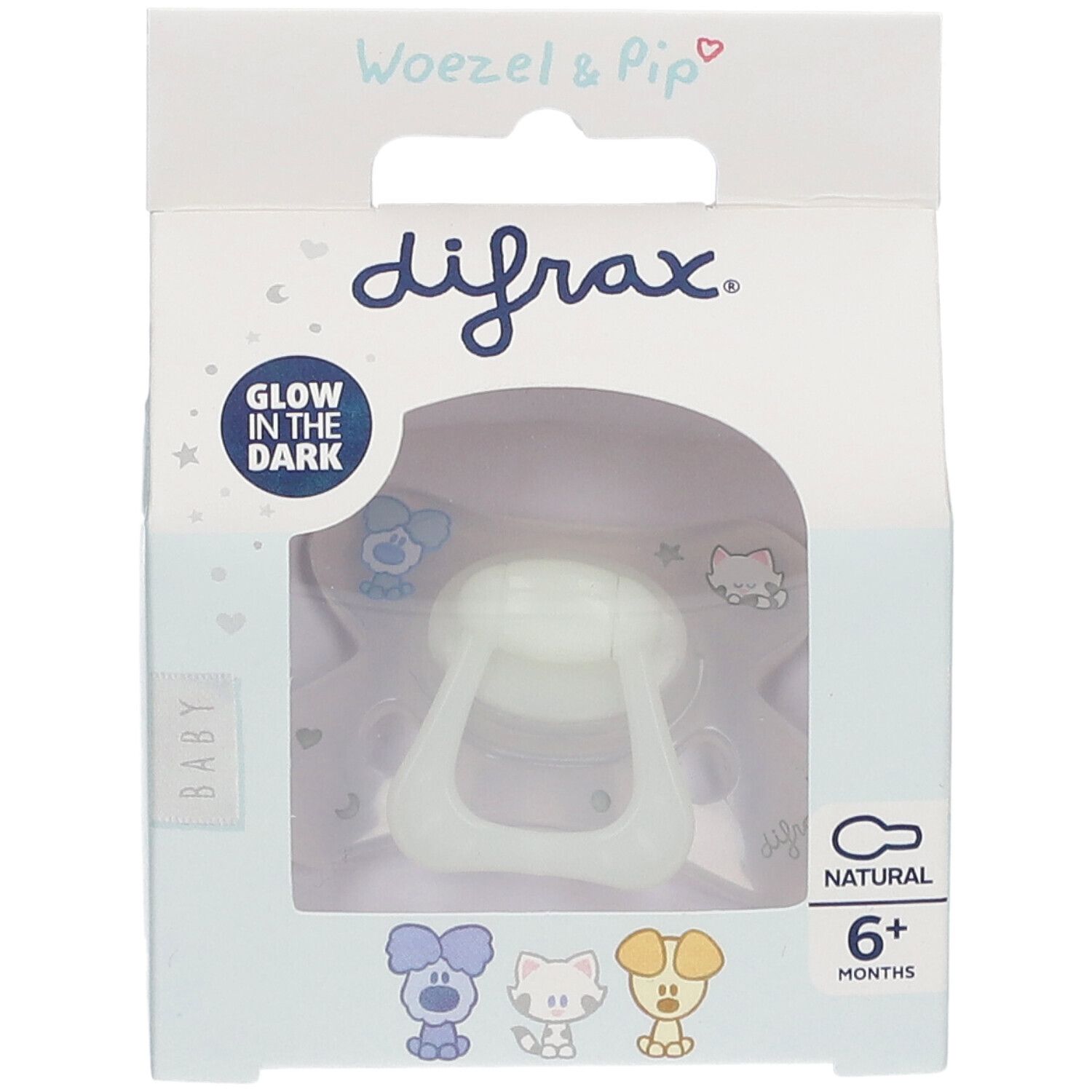 Emballage de sucette. Visible : sucette phosphorescente, marque Difrax, 6+ mois.
