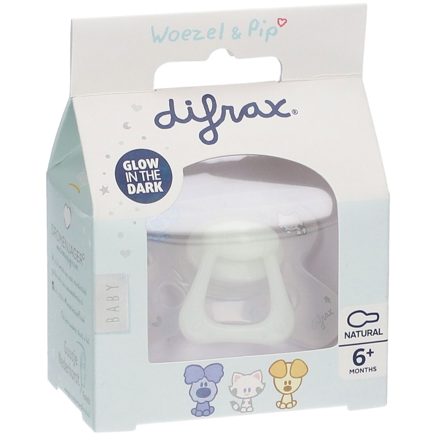 Emballage de sucette. Visible : sucette phosphorescente, marque Difrax, 6+ mois.