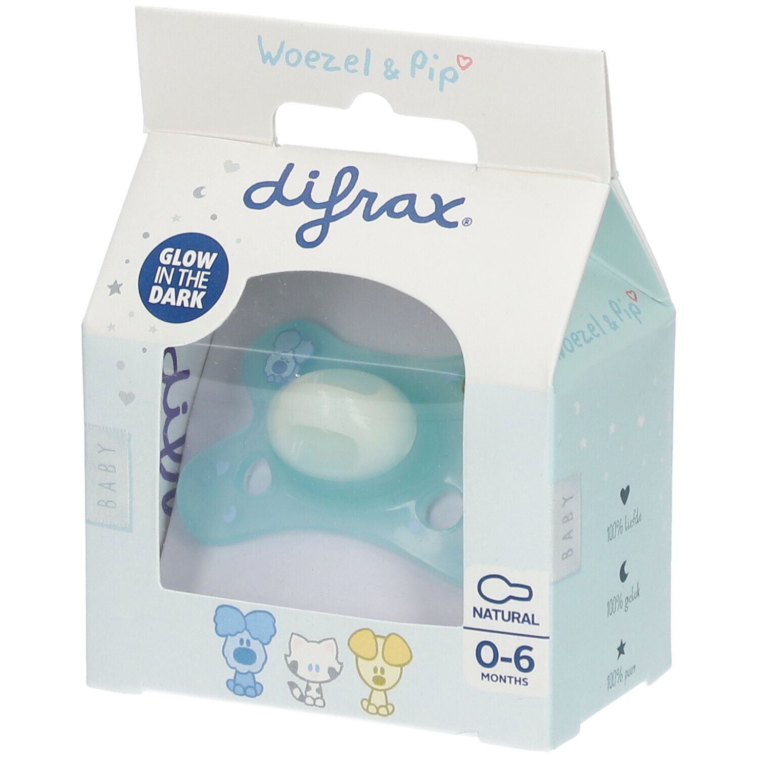 Sucette Difrax Natural 0-6 mois dans emballage. Bleu, motif Woezel & Pip. Brille dans le noir.