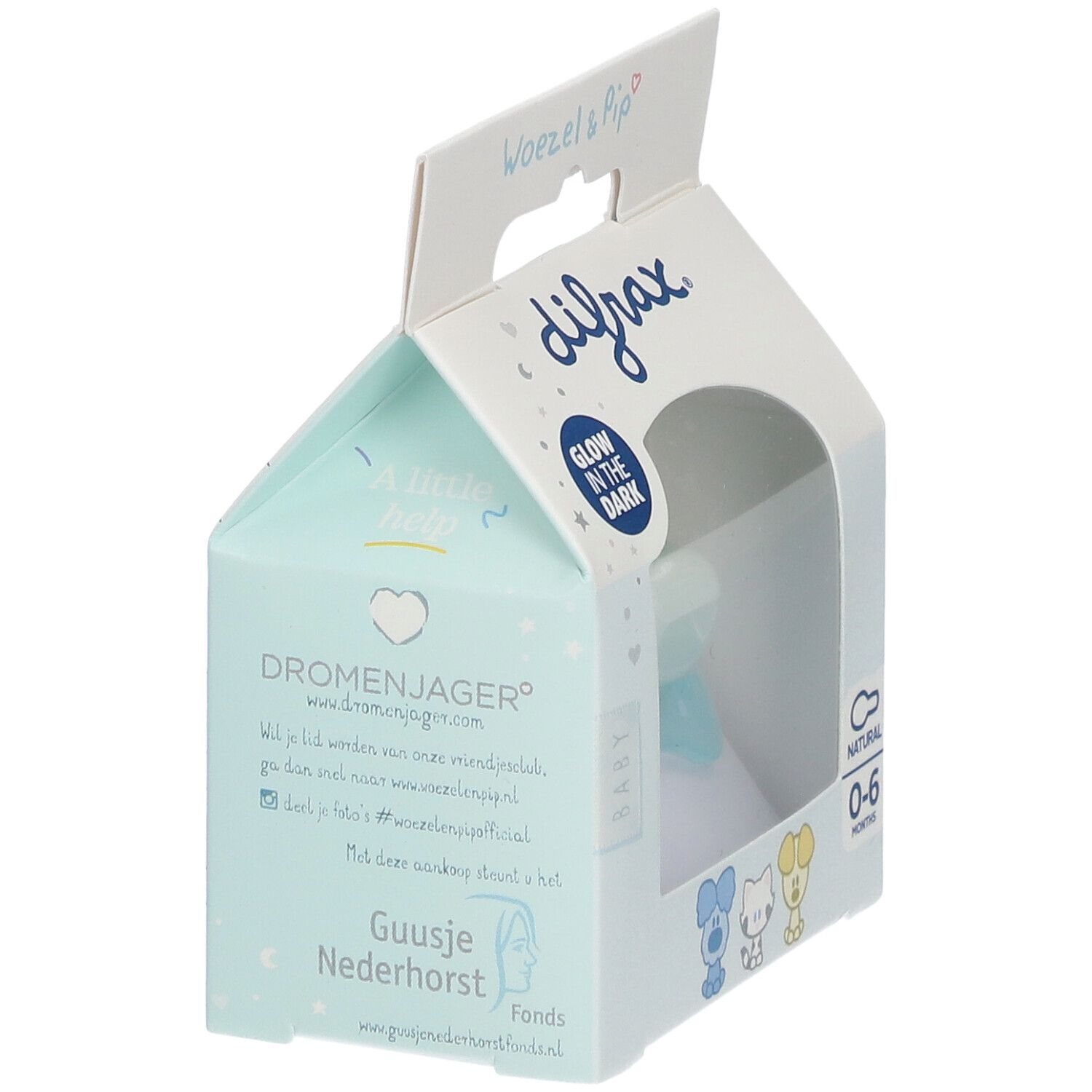 Emballage de sucette Difrax. Bleu, motif Woezel & Pip. Texte: Glow in the dark, 0-6 mois.