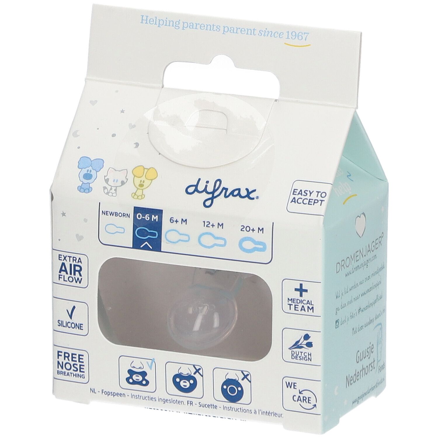 Emballage de sucette Difrax. Bleu, motif Woezel & Pip. Texte: 0-6 mois, Extra Air Flow.