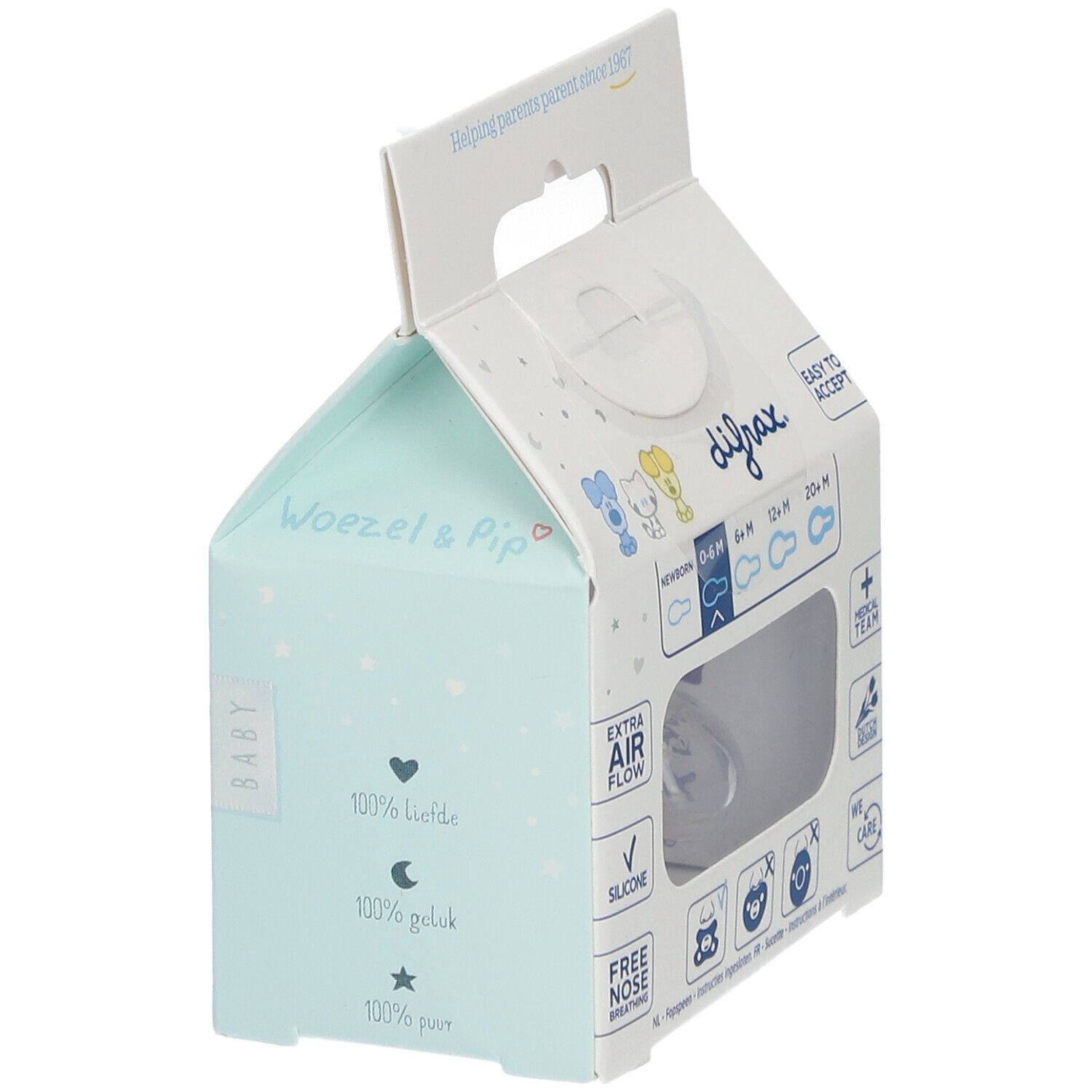 Emballage de sucette Difrax. Bleu, motif Woezel & Pip. Texte: 0-6 mois, 100% bonheur.