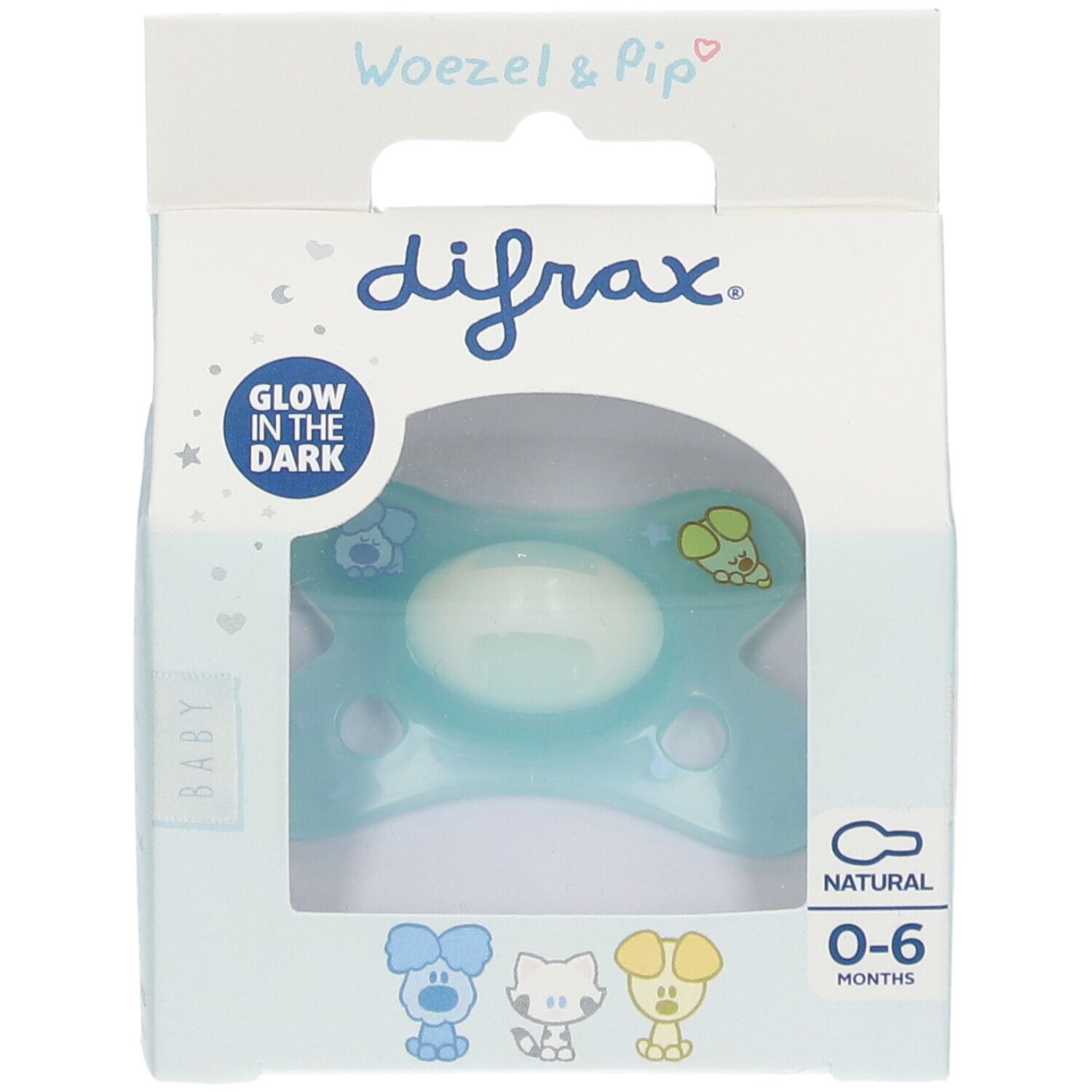 Sucette Difrax Natural 0-6 mois. Bleu, motif Woezel & Pip. Brille dans le noir.