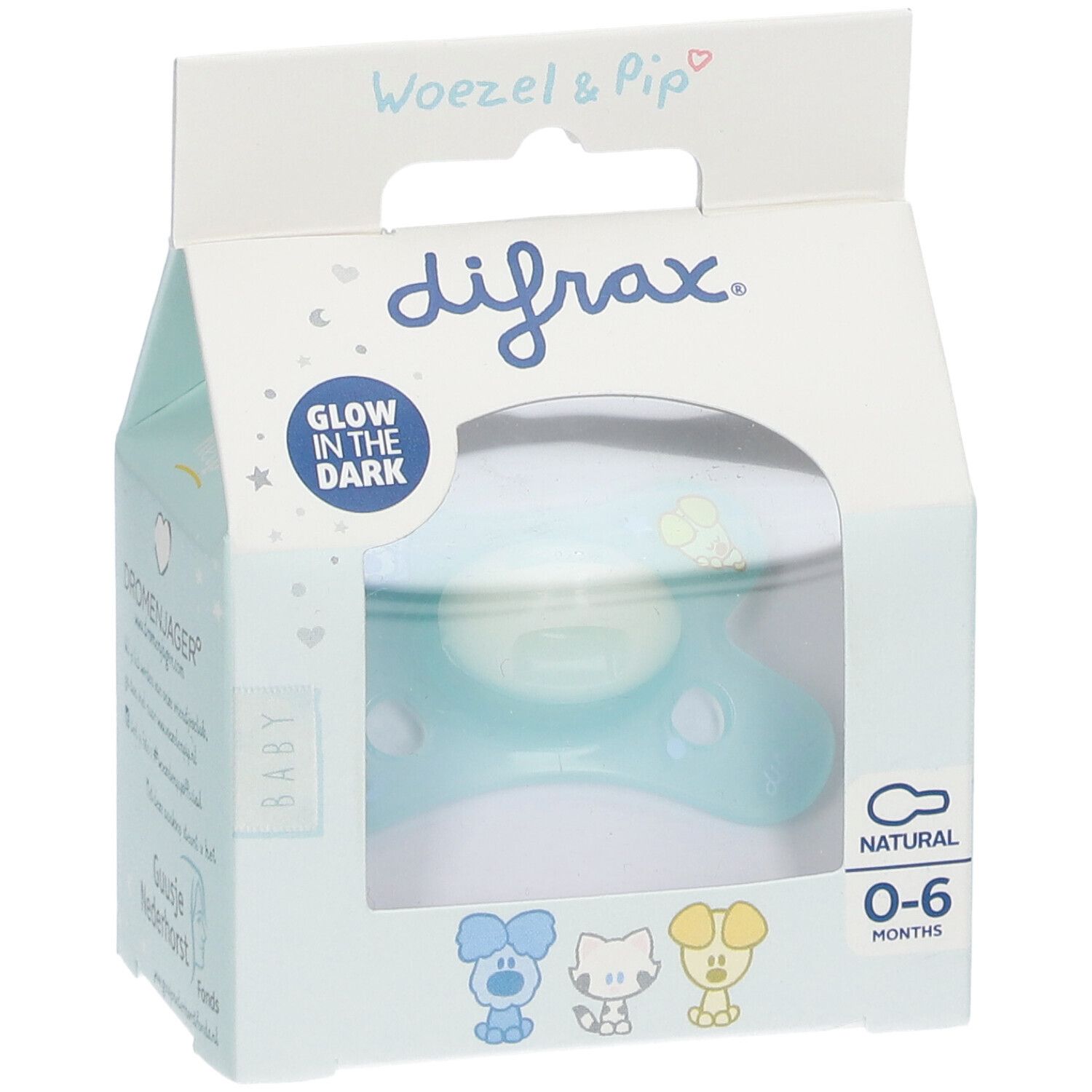 Sucette Difrax Natural 0-6 mois dans emballage. Bleu, motif Woezel & Pip. Brille dans le noir.