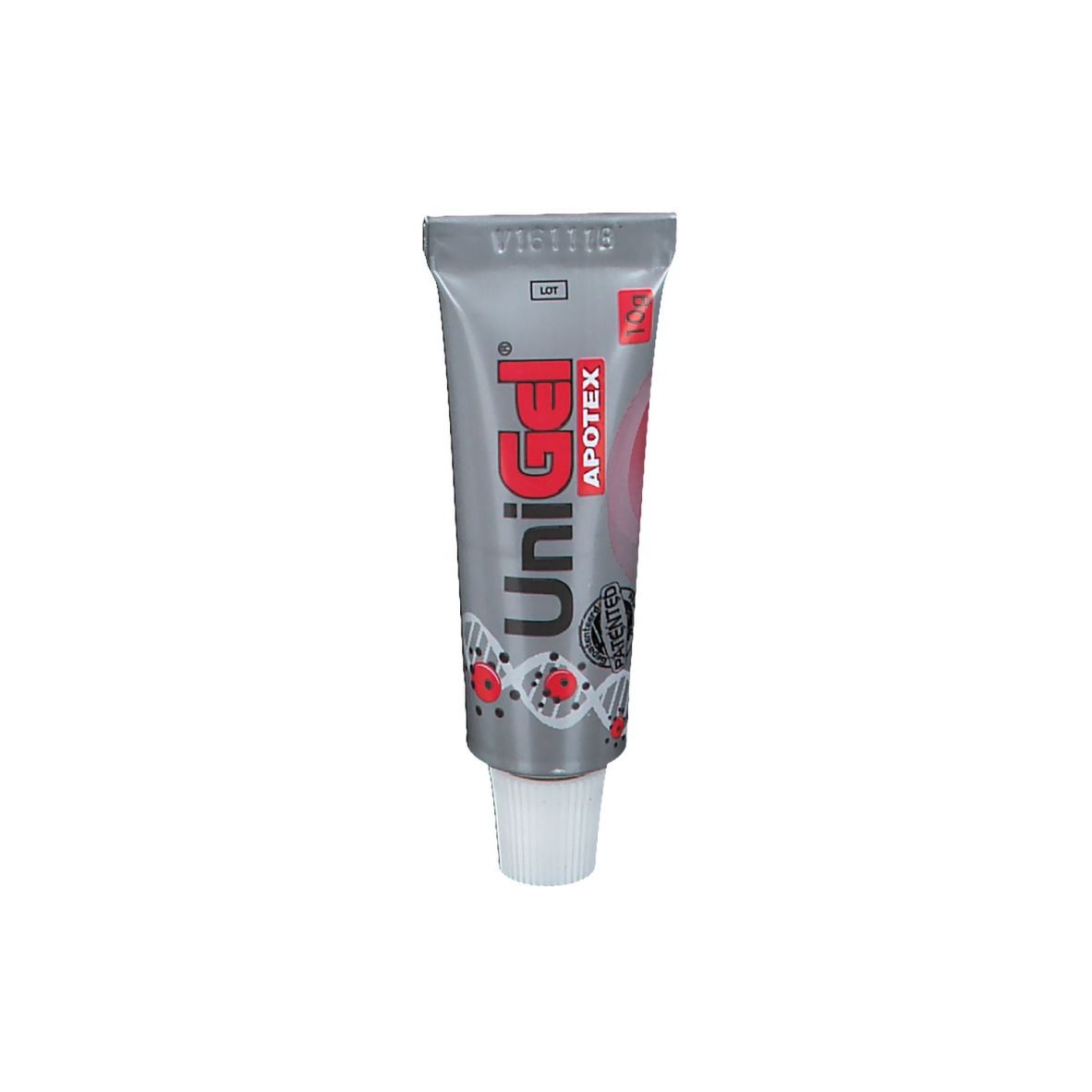 Tube argentée UniGel Apotex. Inscriptions rouges. Bouchon blanc.