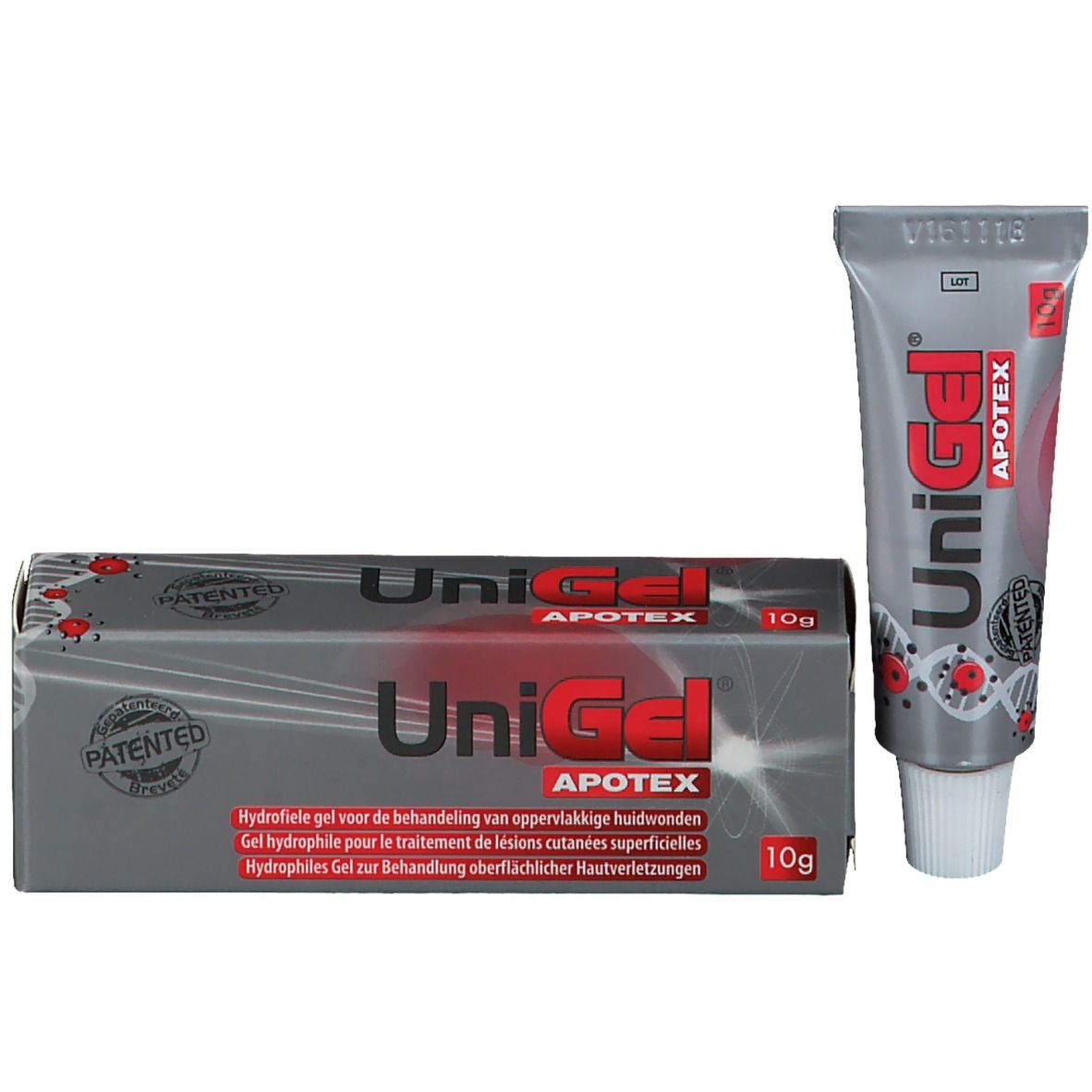 Boîte et tube UniGel Apotex. Boîte avec texte multilingue. 10g.