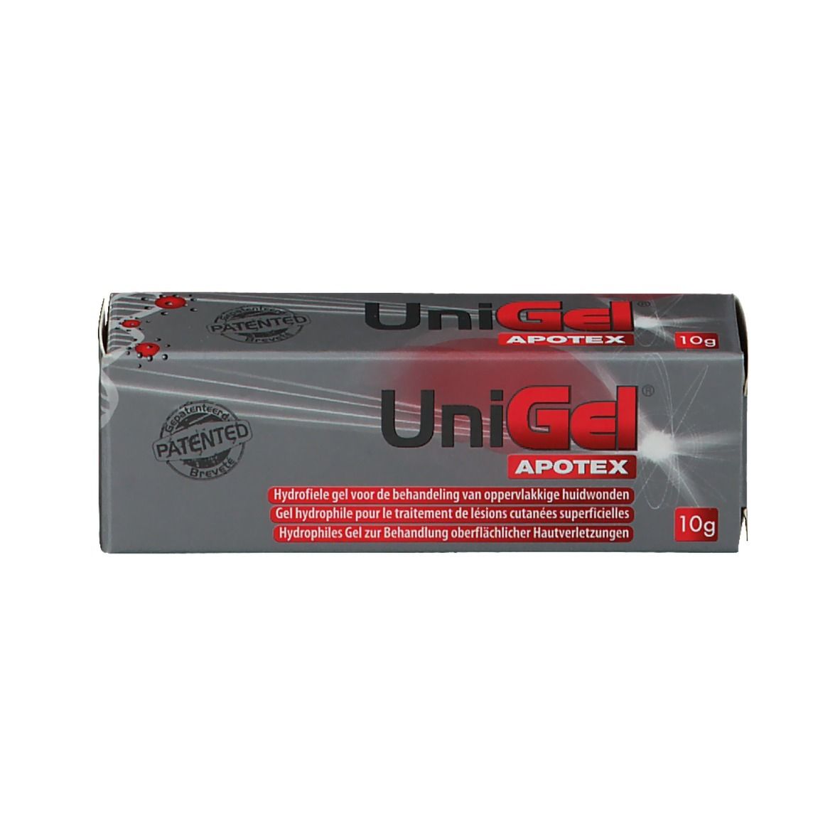 Boîte UniGel Apotex, emballée. Texte multilingue. 10g.